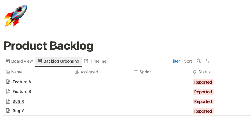 This is what a product backlog template in Notion looks like.