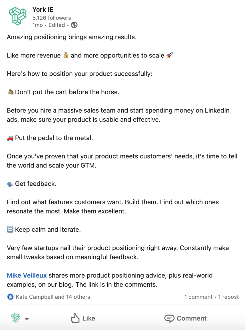 York IE LinkedIn post on product positioning repurposed from a blog post